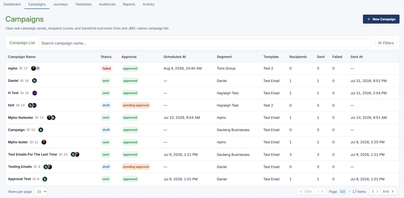 Campaigns tab