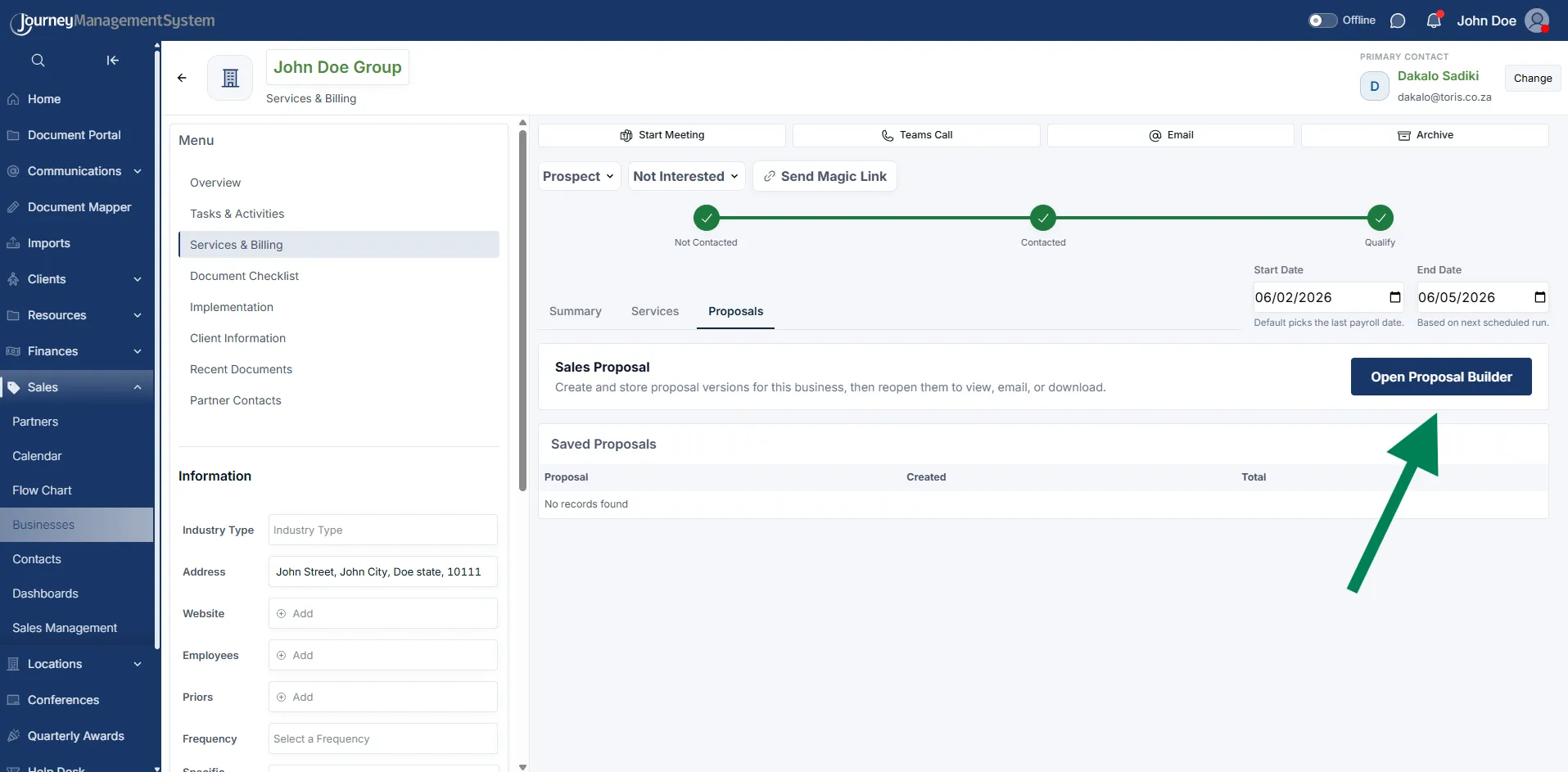 Services and Billing Proposals tab with the Open Proposal Builder button highlighted