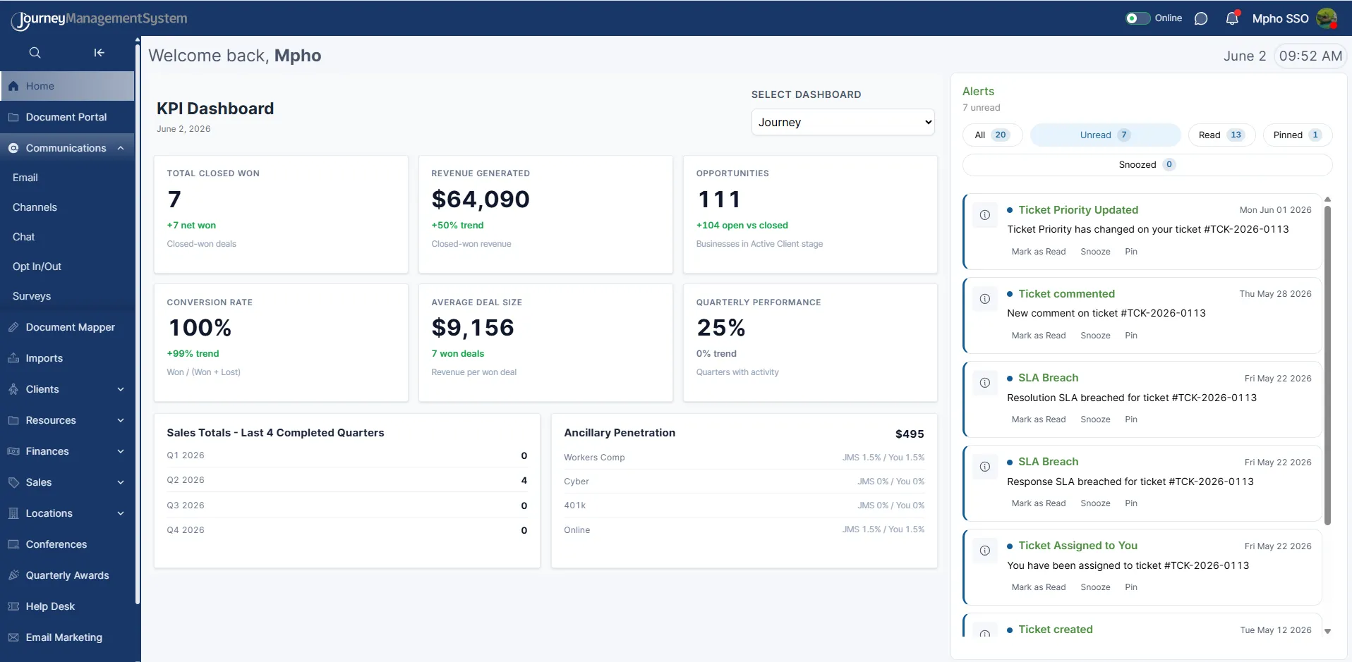 JMS dashboard with Communications and Email in the left navigation