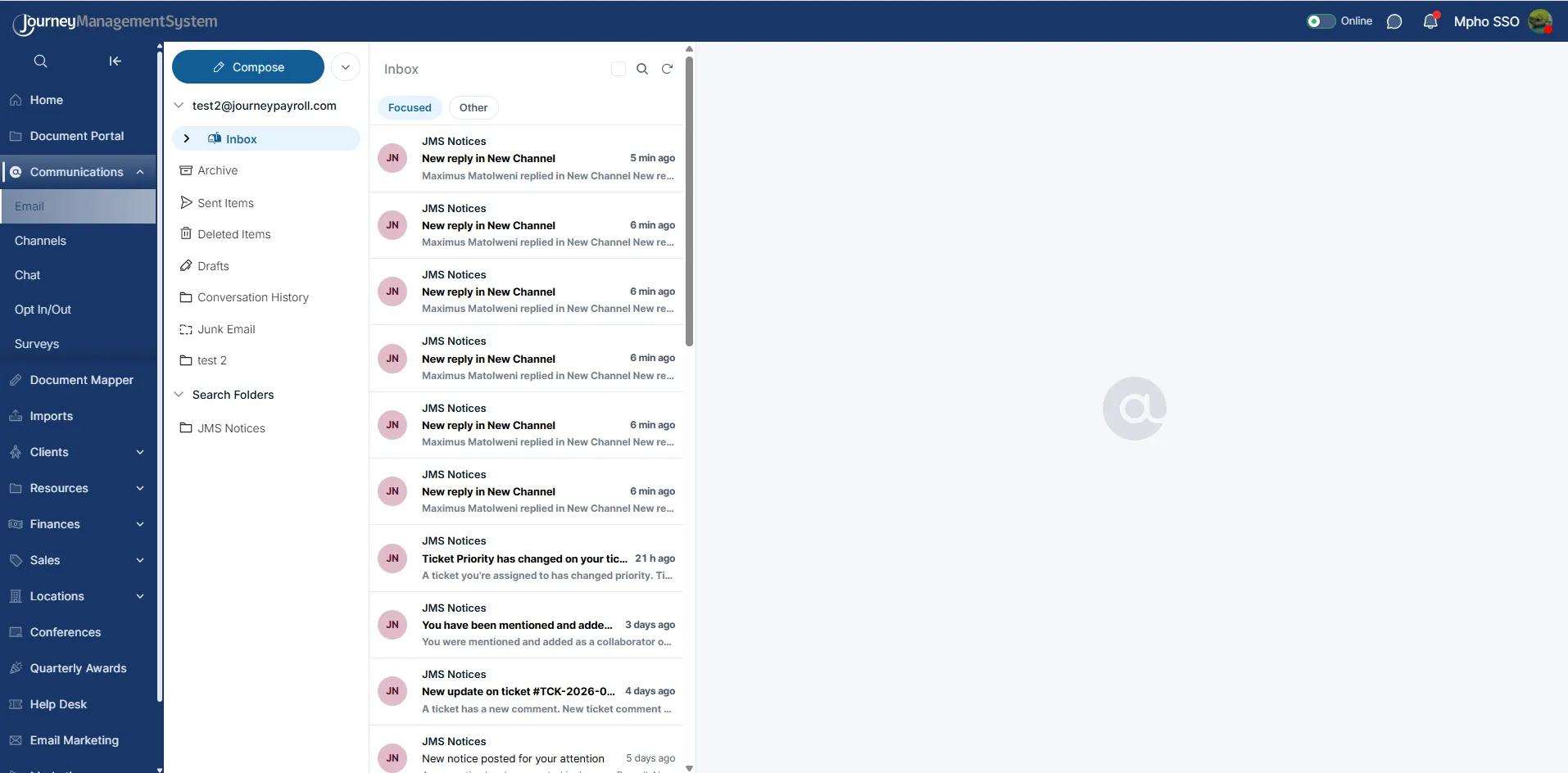 Email inbox with folder list, focused inbox, and empty reading pane