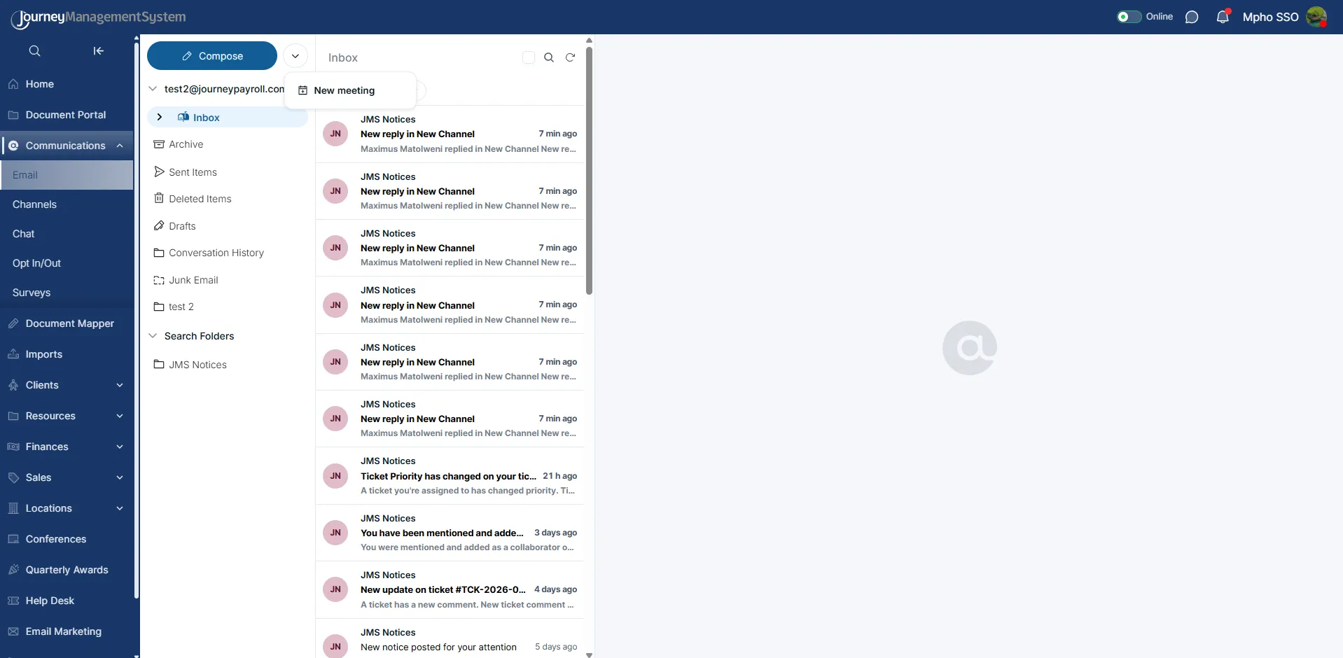 Compose dropdown with New meeting option