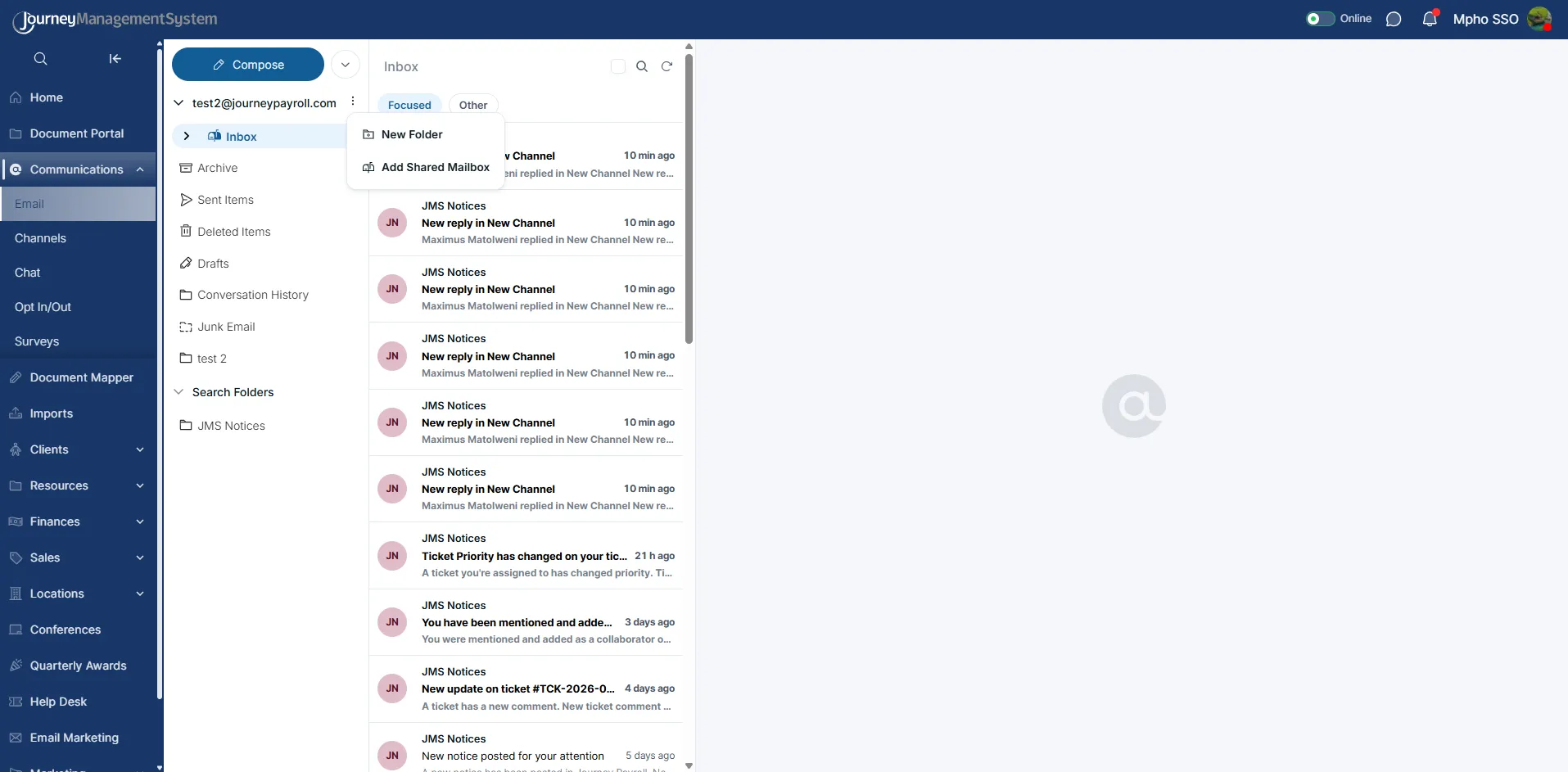 Mailbox menu with New Folder and Add Shared Mailbox options