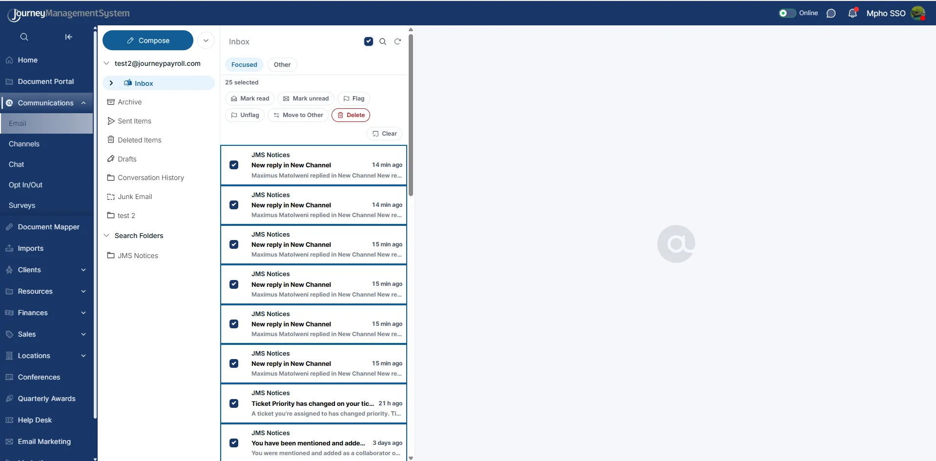 Bulk selection toolbar with 25 selected messages
