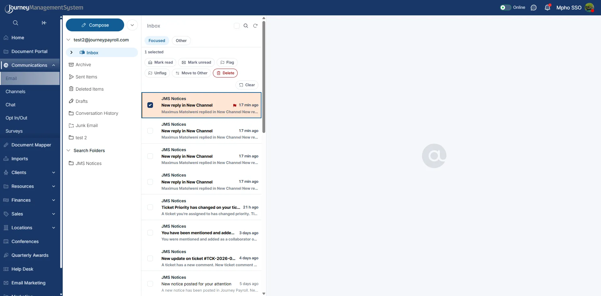 Single selected message with bulk action toolbar