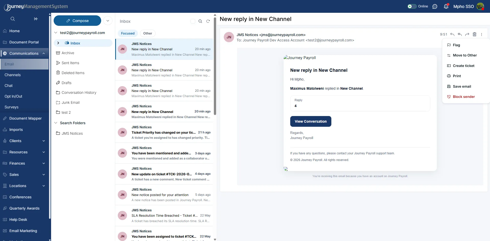 More actions menu for an opened email