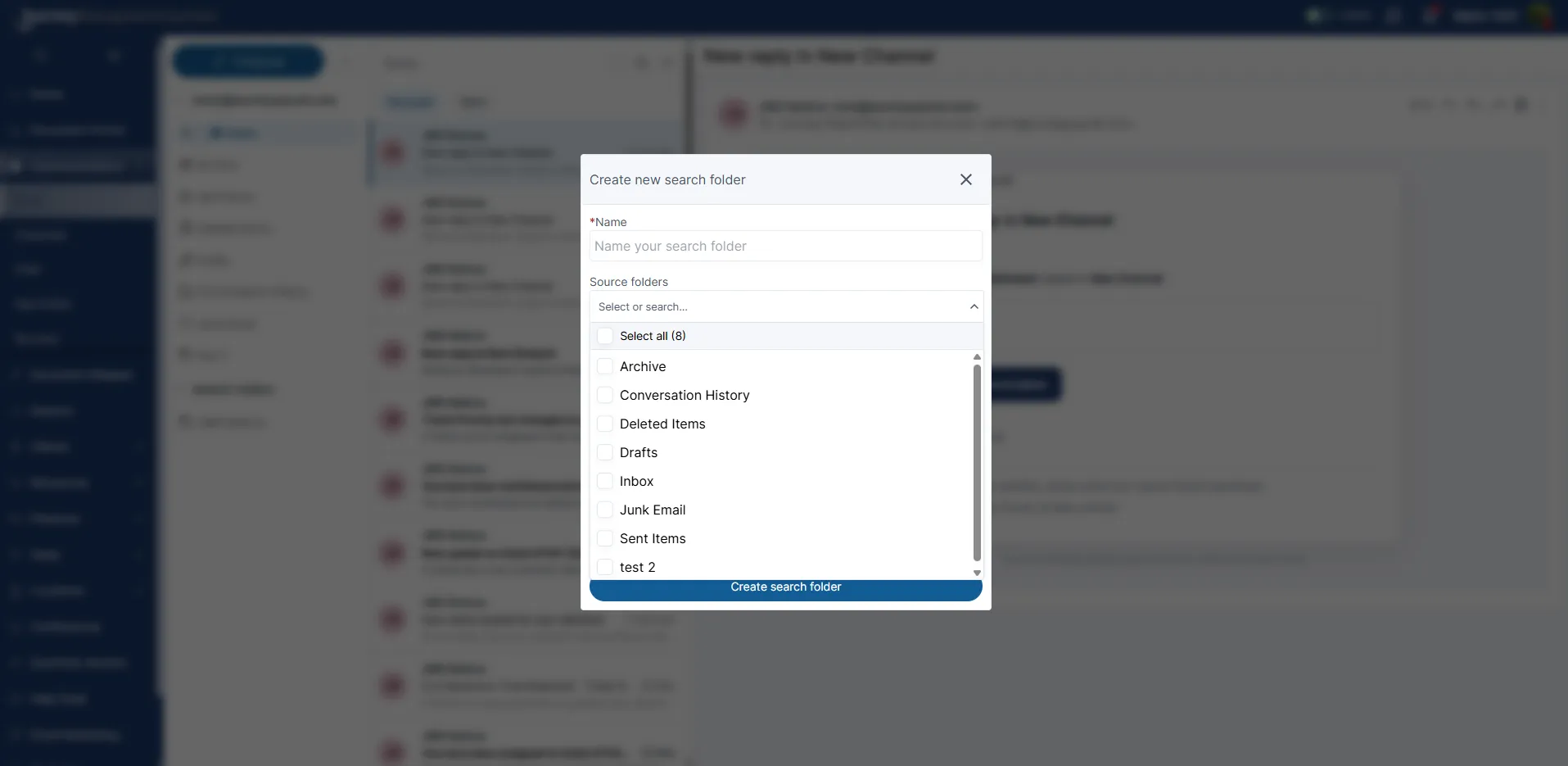 Source folders dropdown with selectable mailbox folders