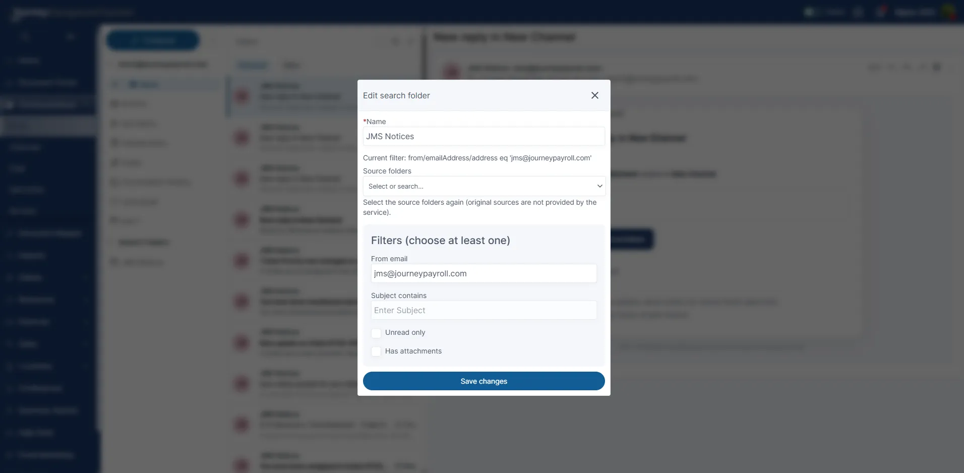 Edit search folder form with existing email filter