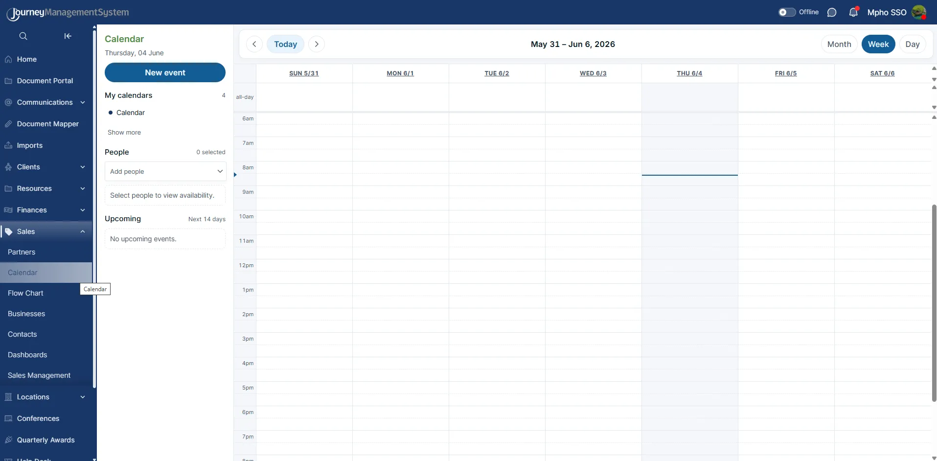 Sales Calendar week view showing the side panel, date controls, and weekly time grid