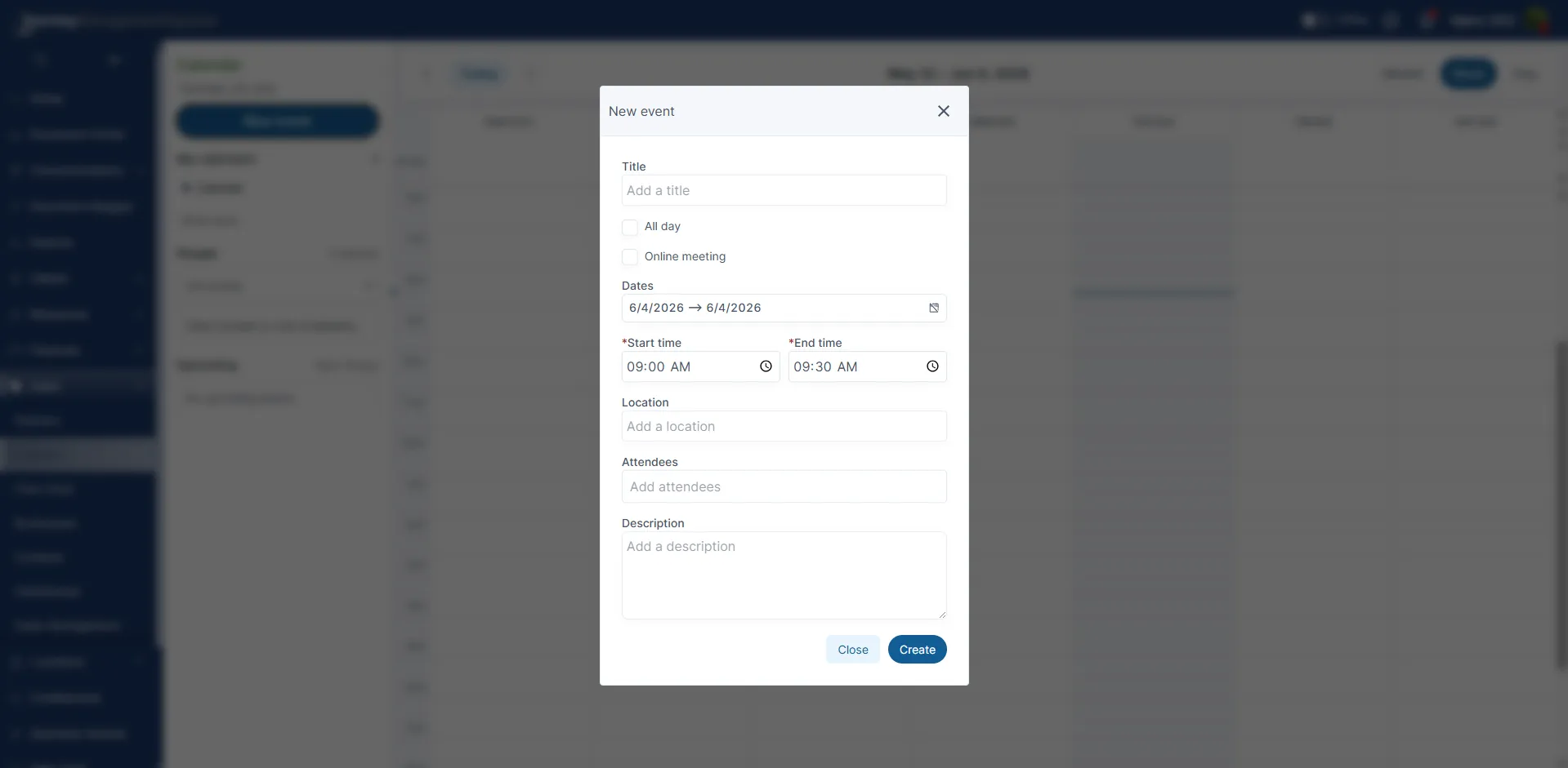 New event form with title, date, time, location, attendees, and description fields
