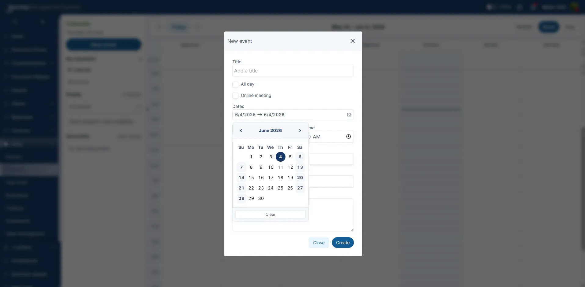 New event form with the June 2026 date picker open