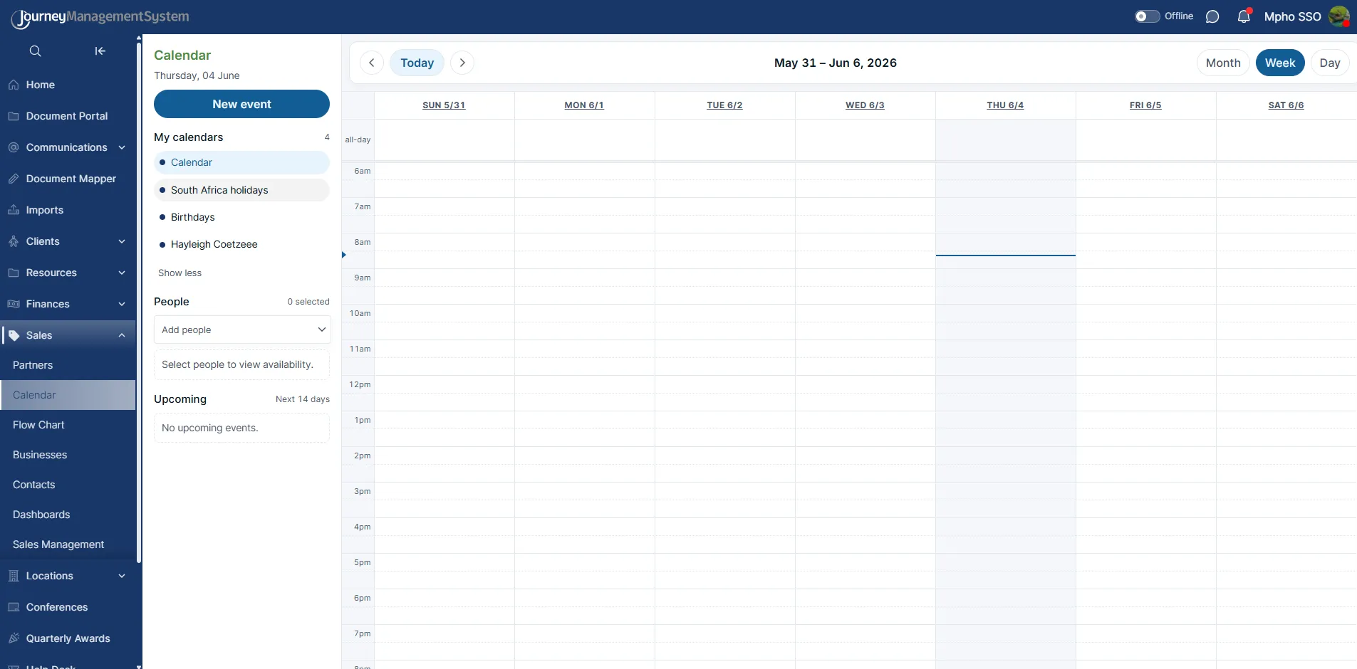 Sales Calendar week view showing May 31 to June 6, 2026