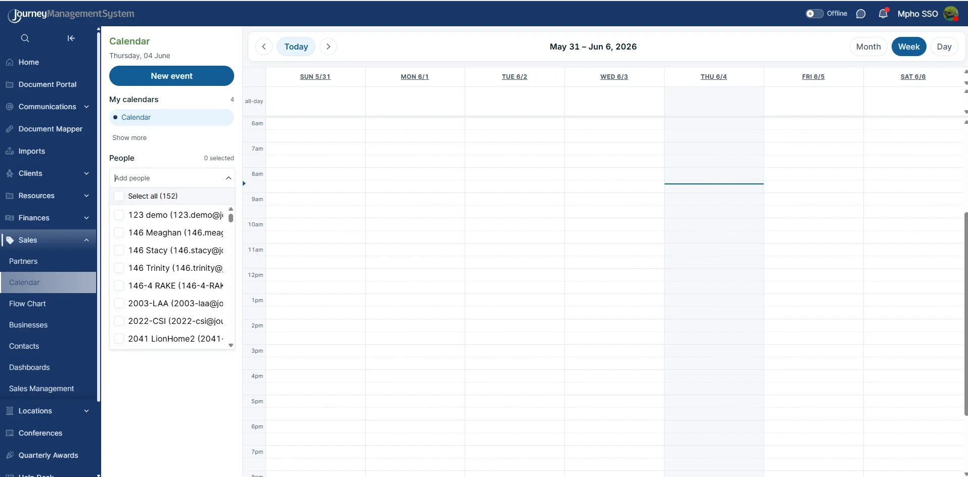 Sales Calendar Add people dropdown showing selectable users