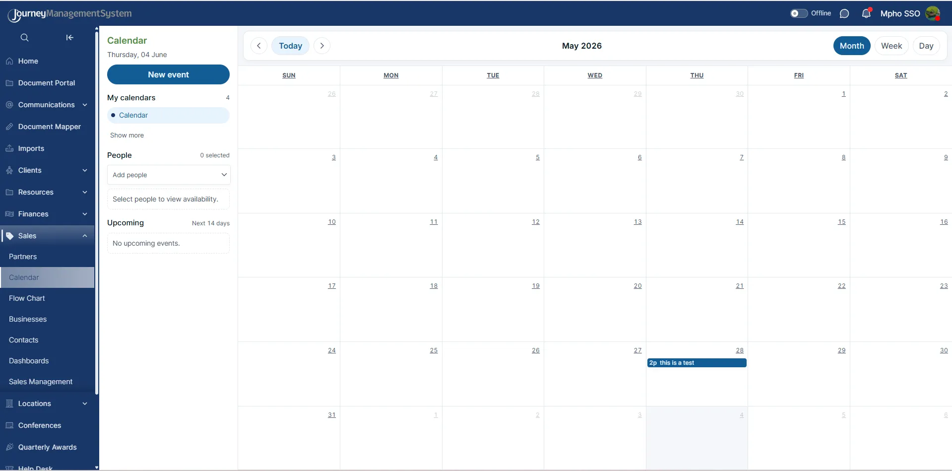 Sales Calendar month view showing May 2026 with an event on May 28