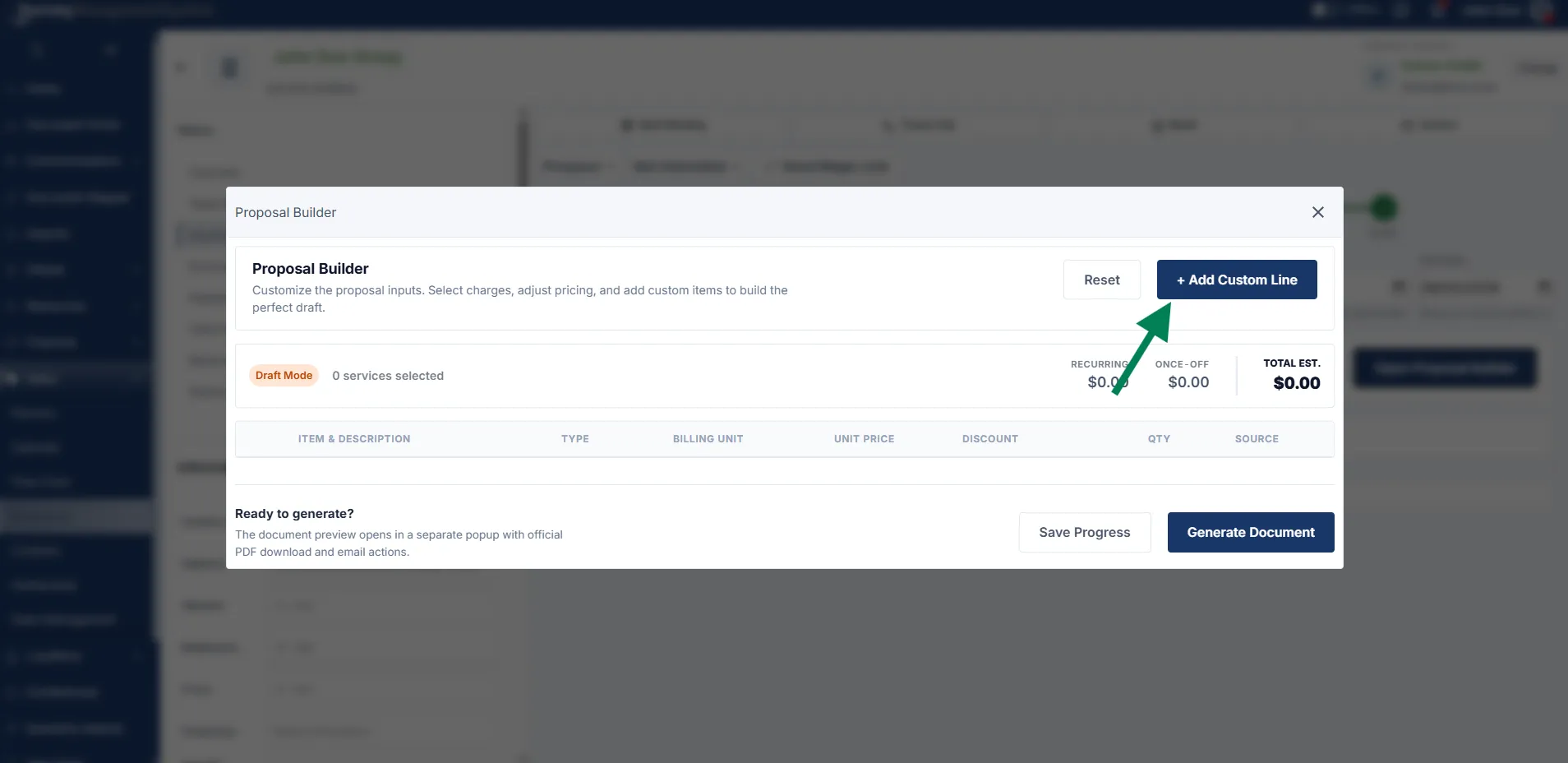 Proposal Builder popup with Add Custom Line highlighted before any services are selected