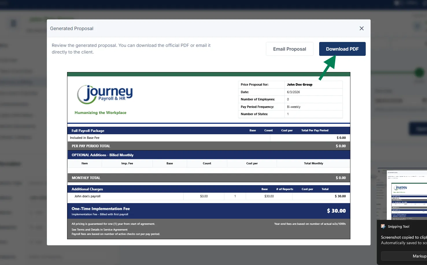 Generated Proposal preview with Download PDF highlighted
