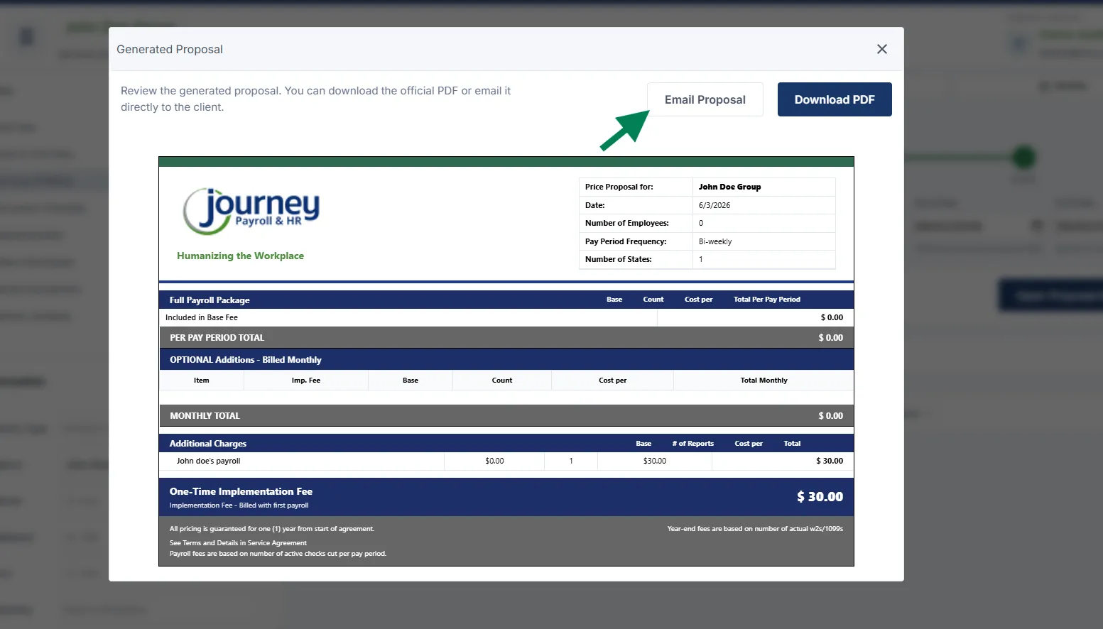 Generated Proposal preview with Email Proposal and Download PDF actions