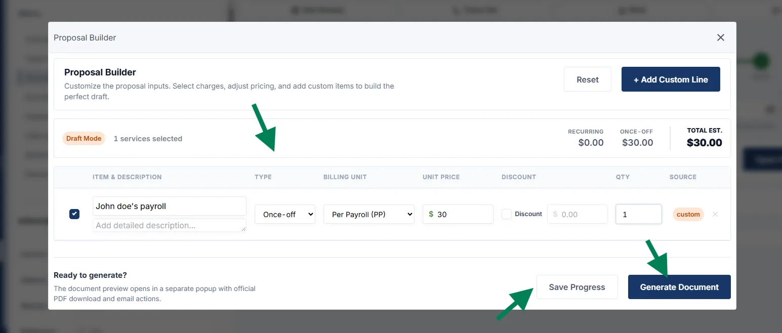 Proposal Builder popup showing a custom once-off line and the Generate Document button