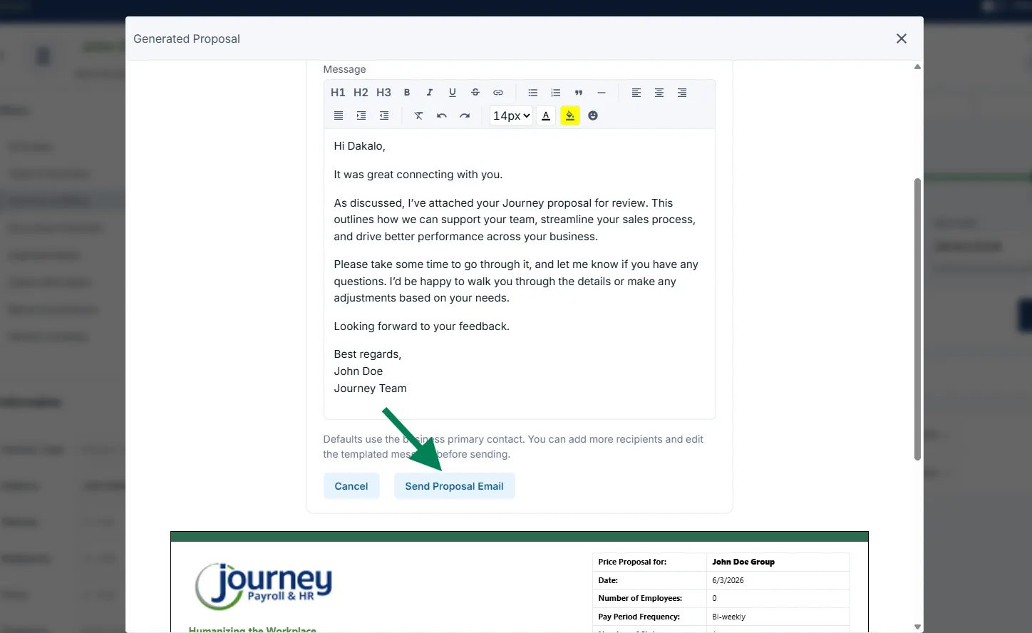 Generated Proposal email form with Send Proposal Email highlighted